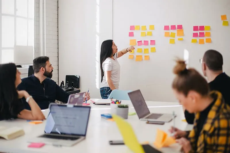 People in room with post-it notes on wall